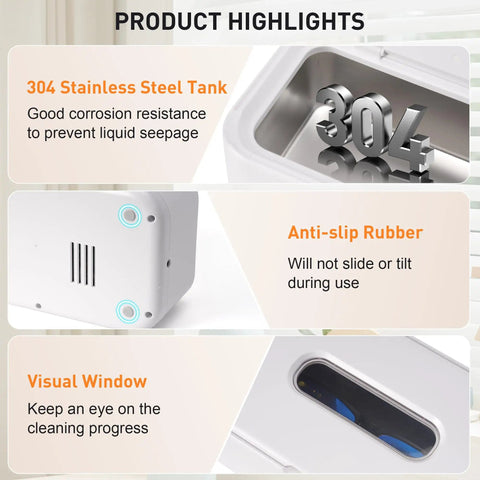 Ultrasonic Jewelry Cleaner Pro 28oz 800ml 49KHz Deep Clean 304 stainless steel tank with window and anti-slip features highlighted