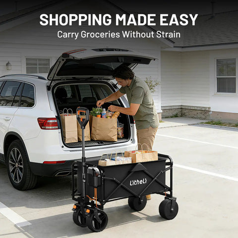 Person loading groceries into an Electric Collapsible Wagon Cart With 100L Capacity For Beach Trips Grocery Runs Camping And Shopping On Wheels