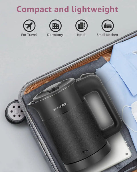 Grab And Go 0.6L Electric Kettle For Travel Ultralight 1.34lb 600W Fast Boil Double Wall Stainless Steel Auto Shut Off in suitcase