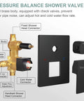 Pressure balance shower valve components, featuring brass body, matte black trim of Dope Matte Black Shower Faucet Set With 10 Inch Luxury Brass Rain Shower Head And Handheld Spray High Pressure Wall Mounted System With Mixer Valve And Trim Premium Stainless Steel Construction For Modern Bathrooms.