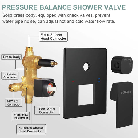 Pressure balance shower valve components, featuring brass body, matte black trim of Dope Matte Black Shower Faucet Set With 10 Inch Luxury Brass Rain Shower Head And Handheld Spray High Pressure Wall Mounted System With Mixer Valve And Trim Premium Stainless Steel Construction For Modern Bathrooms.