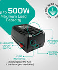 500 Watt Travel Voltage Converter Step Up Step Down 220 110 To 110 220 V Type E F Plug showing features and universal outlet