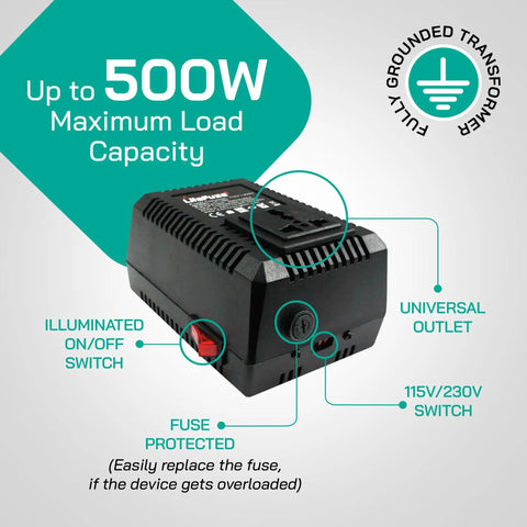 500 Watt Travel Voltage Converter Step Up Step Down 220 110 To 110 220 V Type E F Plug showing features and universal outlet