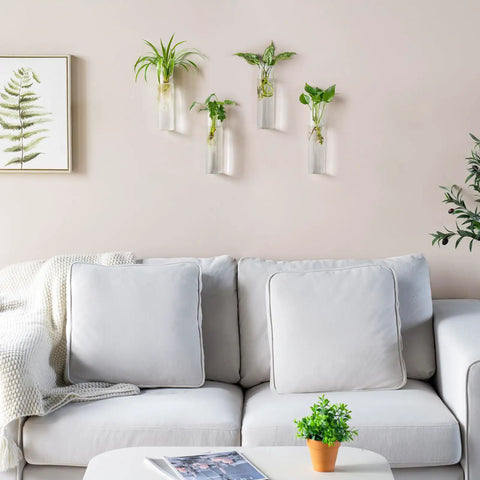 Glass Tube Propagation Station Hanging Vase Set - 4 Cylinder Wall Planters for Hydroponics in living room setting