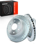 Heavy Duty Rear Drilled And Slotted Brake Rotors Deliver Top Shelf Stopping Power With Straight Up Bolt On Fit For Chevy Tahoe Silverado Suburban Avalanche And Cadillac Escalade, showing detailed design and finish.