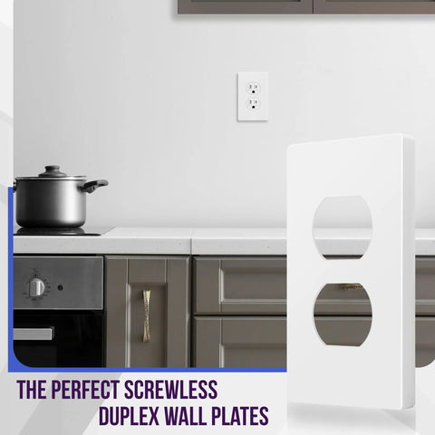 Screwless Duplex Wall Plates 1 Gang Receptacle Covers White Glossy Finish Durable Polycarbonate Thermoplastic Unbreakable