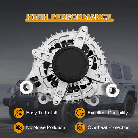 High Output 300 Amp Alternator Replacement For Jeep Wrangler JK 3.6L V6 2012 Through 2018 Drop In Install With OE Style Fit And 421000 0810 68078950AA Compatibility, front view showing installation features and Jeep backdrop.