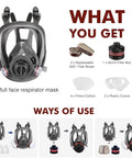 Full Face Gas Mask With Activated Carbon Filters For Gases And Organic Vapors And Chemicals Reusable Silicone Respirator Mask displayed with filters and components