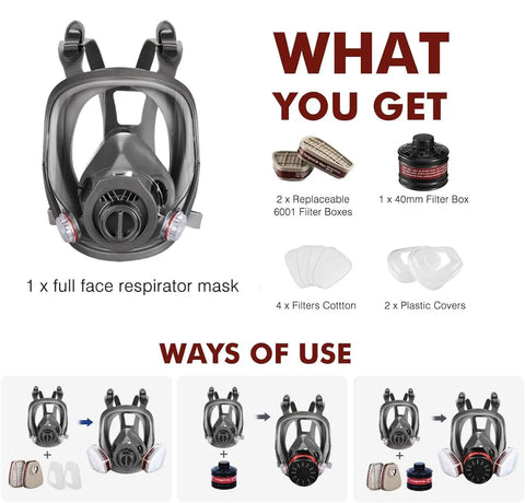Full Face Gas Mask With Activated Carbon Filters For Gases And Organic Vapors And Chemicals Reusable Silicone Respirator Mask displayed with filters and components
