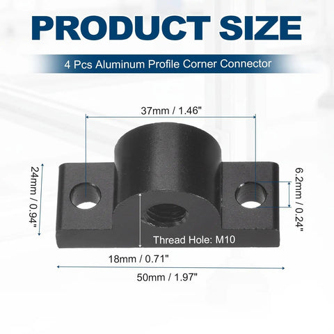 Product size diagram of Four Pack M10 T Slot Leg Connector Aluminum Corner Bracket Profile Extrusion Mounting Plate