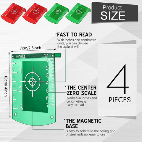 Four Pack Magnetic Laser Target Cards With Stand For Green And Red Laser Levels High Visibility Target Plates In Green And Red Easy Alignment And Precise Calibration For Builders Contractors And DIY Pros, 10x7 cm