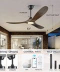 52 Inch Smart Outdoor Ceiling Fan With Lights For Patios Damp Rated Walnut Wood 3 Blade Farmhouse Style With High Airflow DC Motor Remote App And Alexa Control shown with mounting options.