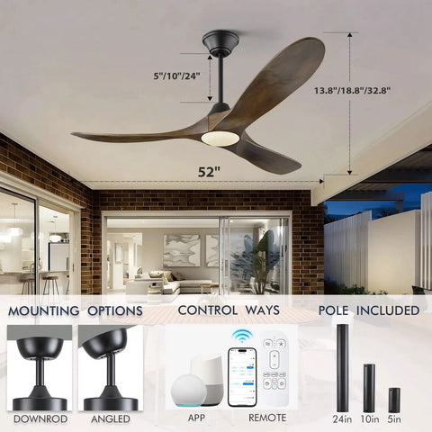 52 Inch Smart Outdoor Ceiling Fan With Lights For Patios Damp Rated Walnut Wood 3 Blade Farmhouse Style With High Airflow DC Motor Remote App And Alexa Control shown with mounting options.