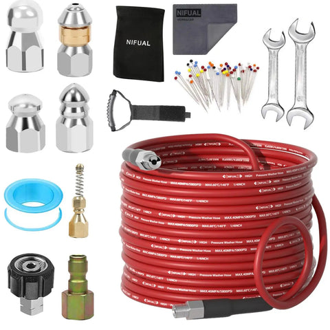 Pro-Grade Sewer Jetter Kit For Pressure Washers, 150 Ft Reach, 5800 PSI Power with nozzles, hoses, wrenches, and fittings