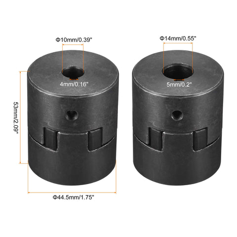 Flexible Coupling Shaft From 10mm To 14mm Bore, 53mm Long, 44.5mm Outer Diameter shown with size details for motor assemblies.