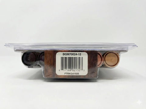 Side view of 12 Piece Wood Repair Kit With Markers And Wax Crayons For Quick Fix Up Of Scratches And Stains, packaged in plastic.