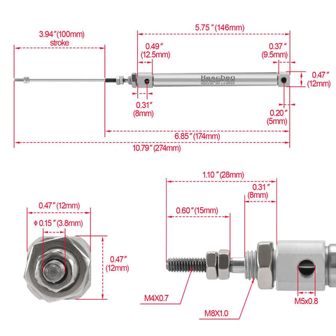 Dimensions of Compact Stainless Steel Slim Air Pneumatic Cylinder CDJ2B 10 To 100 With M5 Port, 10mm Bore, 100mm Stroke