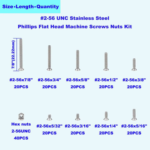 Backyard Builder Friendly Standard 2 56 UNC Stainless Steel Phillips Flat Head Machine Screws And Hex Nuts Assortment Kit With 220 Pieces In Nine Varying Lengths For Rock Solid Fixes And No Sweat Builds