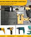 Cordless electric drill used on concrete wall with compatible models like hand, rechargeable, percussion, and bench drill