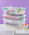 Six Pack Clip Boxes With Latching Lids, Stackable Clear Plastic Storage Bins For Arts And Crafts, Office, Classroom Or Home Organization, Large Fourteen By Eleven By Three And A Quarter Inches, showing stored craft supplies on a table.