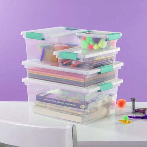 Six Pack Clip Boxes With Latching Lids, Stackable Clear Plastic Storage Bins For Arts And Crafts, Office, Classroom Or Home Organization, Large Fourteen By Eleven By Three And A Quarter Inches, showing stored craft supplies on a table.