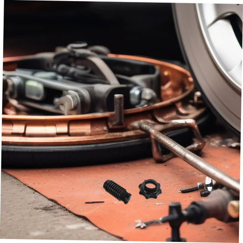 Beefed-Up Spare Tire Hold Down Bolt Kit For Cars, Heavy Duty Clamp Mounting Hardware shown with tools and tire fitting parts
