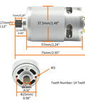 RS550 21V Replacement Motor With 14 Tooth Gear for mini rechargeable hand saw, displayed with detailed measurements