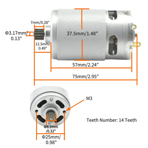 RS550 21V Replacement Motor With 14 Tooth Gear for mini rechargeable hand saw, displayed with detailed measurements