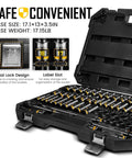 Super Tough Three Eighths Inch Drive Impact Socket Set Packing Sixty Seven Pieces Of Metric And Sae Shallow Deep And Swivel Sockets Complete With Extension Bars Adapters And Universal Joint Built From Solid Cr Mo Steel, open case view