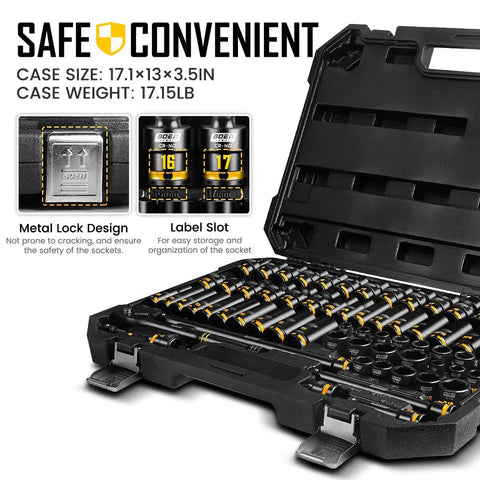 Super Tough Three Eighths Inch Drive Impact Socket Set Packing Sixty Seven Pieces Of Metric And Sae Shallow Deep And Swivel Sockets Complete With Extension Bars Adapters And Universal Joint Built From Solid Cr Mo Steel, open case view
