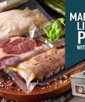 Sealed meat packages beside Chamber Vacuum Sealer CM255 For Home And Commercial Kitchens, Industrial Grade Packing Machine.