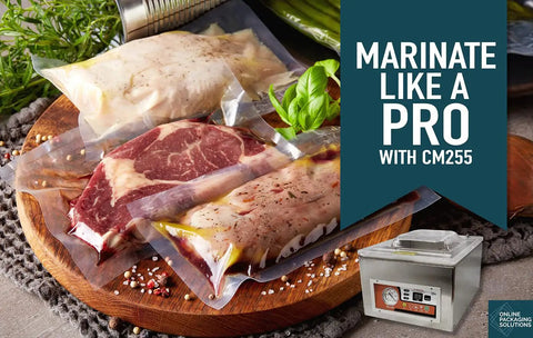 Sealed meat packages beside Chamber Vacuum Sealer CM255 For Home And Commercial Kitchens, Industrial Grade Packing Machine.