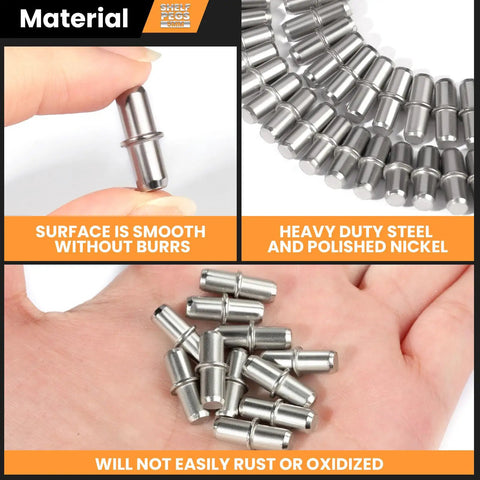 Hella Durable 50 Pack Nickel Plated Shelf Pins Rust Proof Metal Support Pegs For Cabinet Furniture Shelves Heavy Duty Polish Finish Quick Swap showcasing polished nickel and steel material.
