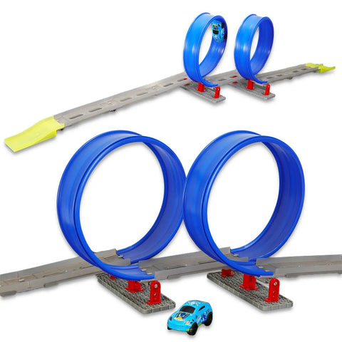 Hedgehog Themed Race Track And Toy Car Bundle With Expandable Track Race Cars Stickers And Accessories For Boys And Kids Racing Playtime With Durable Plastic Construction For Safe Active Play And Easy Storage featuring blue loops and a toy car.