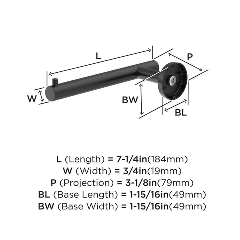 Diagram of Matte Black Single Post Toilet Paper Holder Seven And A Quarter Inch Arrondi Bath Tissue Holder with measurements