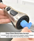 Universal Kitchen Faucet Head Replacement In Brushed Nickel With 17 Adapters, showcasing easy-clean removable aerator for smooth water flow.
