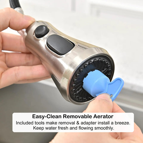 Universal Kitchen Faucet Head Replacement In Brushed Nickel With 17 Adapters, showcasing easy-clean removable aerator for smooth water flow.