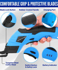 Powerful Heavy Duty Cordless Electric Scissors For Cardboard And Box Cutting With Safety Lock Rechargeable Cutter Kit Includes Two Extra Blades Protective Case Charging Cable And Manual, blue