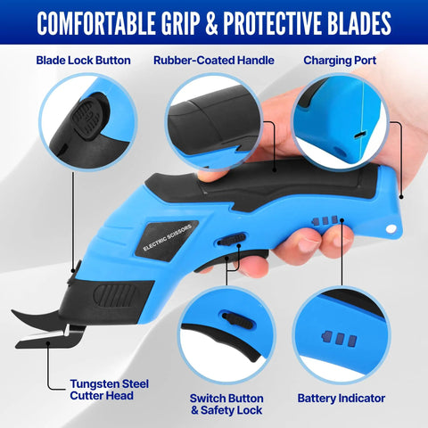 Powerful Heavy Duty Cordless Electric Scissors For Cardboard And Box Cutting With Safety Lock Rechargeable Cutter Kit Includes Two Extra Blades Protective Case Charging Cable And Manual, blue