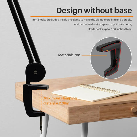 Bifocal Magnifying Desk Lamp With Clamp And Detachable 6 Inch Lens, shown clamped to desk with maximum 2.36-inch distance.