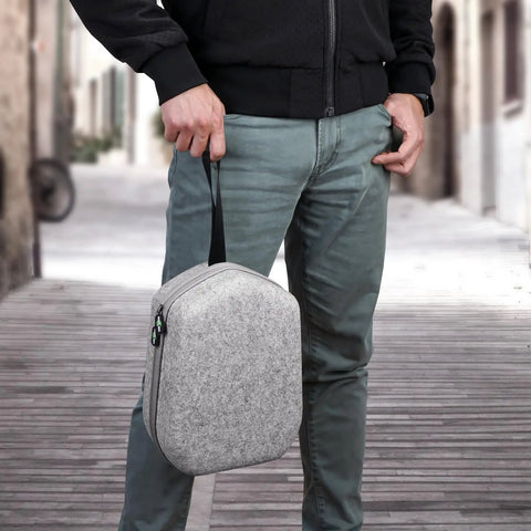 Man holding grey Hard Carrying Case For Quest 3S And Quest 3, Quest 2 And Vision Pro VR Headset With Controllers, travel-ready design