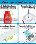 Close-ups of All In One Picture Hanging Tool With Level And Ruler showing high-definition scales, magnetic nail hole, level bubble, and nail storage box in bright orange.