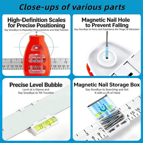 Close-ups of All In One Picture Hanging Tool With Level And Ruler showing high-definition scales, magnetic nail hole, level bubble, and nail storage box in bright orange.