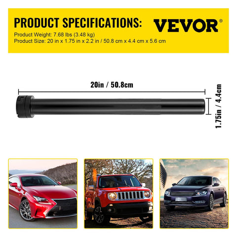 Side view: VEVOR inner tie rod tool, 20-inch long, 1.75-inch diameter, knurled black steel.