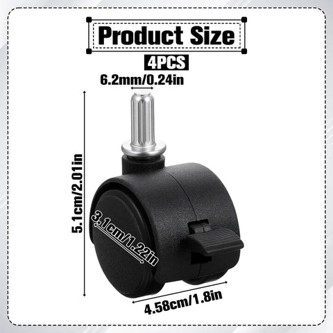 Four Pack One Inch Swivel Caster Wheels With Locking Brakes For Smooth Rolling Furniture Replacement showing dimensions and design.
