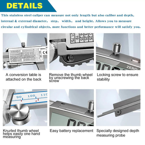 Handy 6 Inch Digital Calipers With Large LCD Screen showcasing conversion table, thumb wheel, and locking screw details.