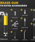 Fantictas grease gun kit with yellow pistol-grip grease gun and 9 accessories (couplers, hoses, nozzles, injector, bend pipe).