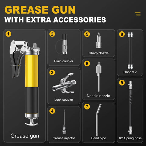 Fantictas grease gun kit with yellow pistol-grip grease gun and 9 accessories (couplers, hoses, nozzles, injector, bend pipe).