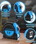 20 Pack Easy Read Measuring Tapes 12 Ft Retractable With Pause Button and Lock, Blue, showing features like thumb lock and metal clip.