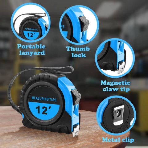 20 Pack Easy Read Measuring Tapes 12 Ft Retractable With Pause Button and Lock, Blue, showing features like thumb lock and metal clip.